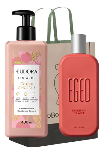 Egeo Cherry Blast Deo Colônia 90ml O Boticário E Hidratante Corporal Eudora Instance Cereja E Amêndoas 400ml Combo Com Sacola O Boticário