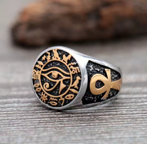 Anillo Ojo Horus/cruz Ankh Titanium Protección Brujeria