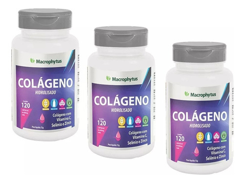 Kit 3x Colageno Hidrolisado 1200mg + Vitamina C 120cps Macrophytus