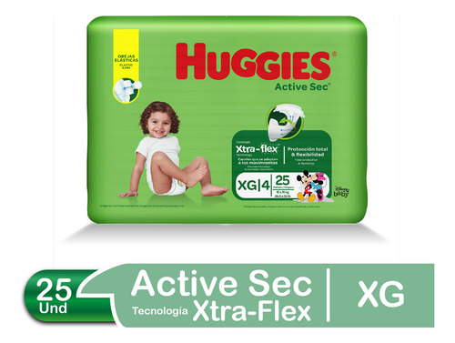 Imagen 1 de 3 de Pañales Para Bebé Huggies Active Sec Talla Xg 25 Und