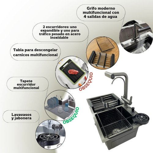Kit Lavaplatos Moderno Doble Negro Acero Inoxidable 304 +++