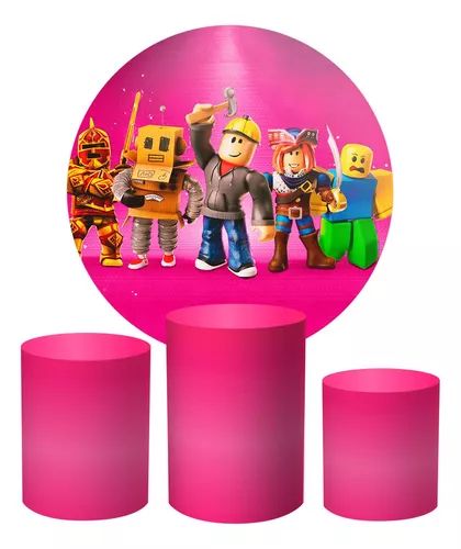 Kit Painel Redondo + Capas Cilindro de Festa Roblox Rosa Meninas