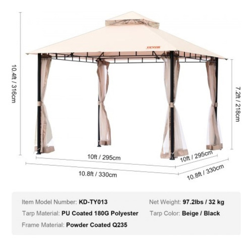 Gazebo De Patio Para 6-8 Personas 10x10 Pies Con Mosquitero Caqui