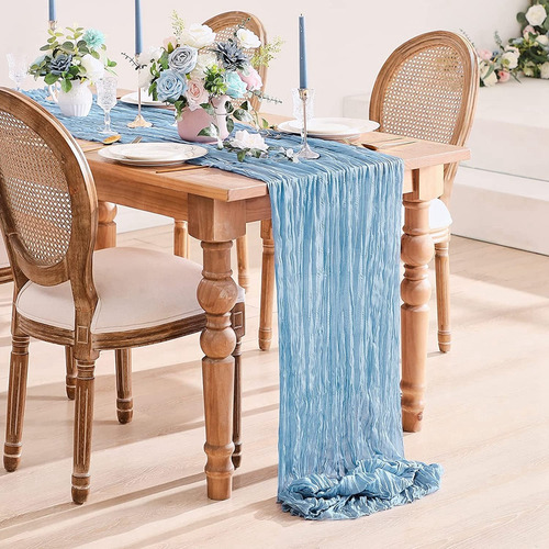 2pzs Caminos De Mesa Gasa Elegante Boho Decoración Boda Color Rosa Chicle Light Blue Mantel Decorativo Decoración de Mesa Decoración de Fiesta Bebé Bautizo Cumpleaños Celebración Estilo Vintage