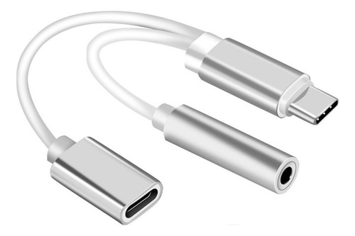 Cable Adaptador Usb Tipo C A Jack 3.5mm Audio + Puerto Carga Color Gris