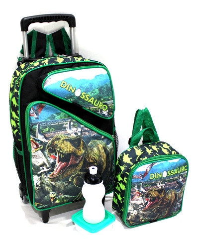 Mochila Escolar Dinossauro Rex Rodinhas Tam G  Lancheira Cor Verde