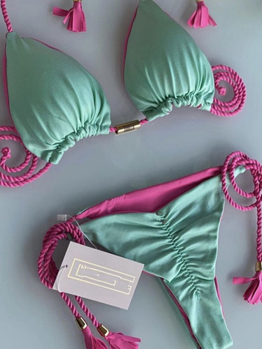 Conjunto De Bikini Tanga Traje De Baño De Color Azul Mujer T
