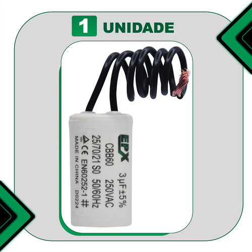 Capacitor Permanente 3uf 250v 2 Fios Cbb60 Motor Eletrico