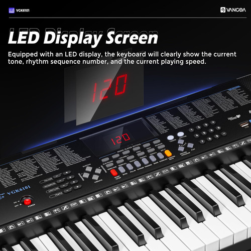 Piano Eléctrico De 61 Teclas Con Luces Y Micrófono Negro