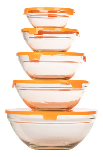 Set De 5 Bowls De Cristal Con Tapa De Plástico Naranja