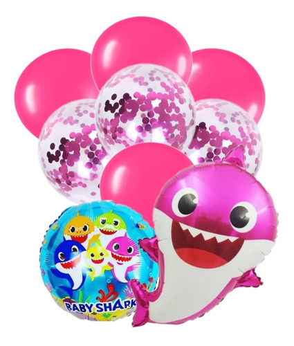 Set Globos Metalizados Baby Shark Fucsia+latex X 9 Unid 68cm