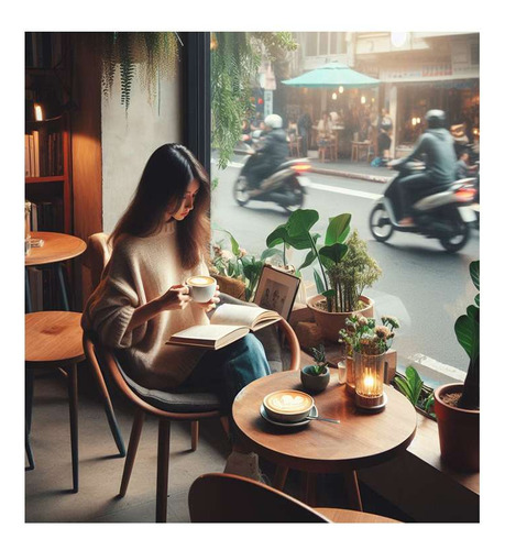 Vinilo 20x20cm Chica Tomando Cafe Leyendo Un Libro