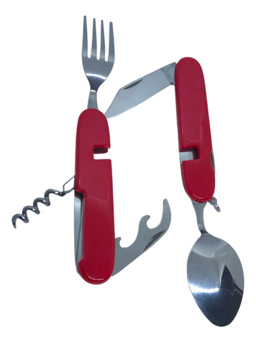 Set Cubiertos Camping Rojo Cuchara Cuchillo Tenedor Sacacorc