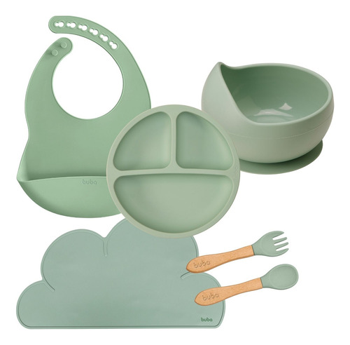 Kit Alimentação Bebê Silicone Bpa Free 5 Peças Buba Cor Verde Kit 5 Peças Silicone E Bambu