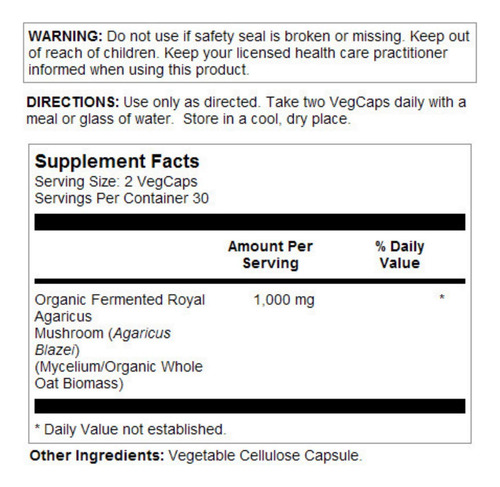 Suplemento De Hongo Agaricus Real Fermentado Solaray 500 Mg