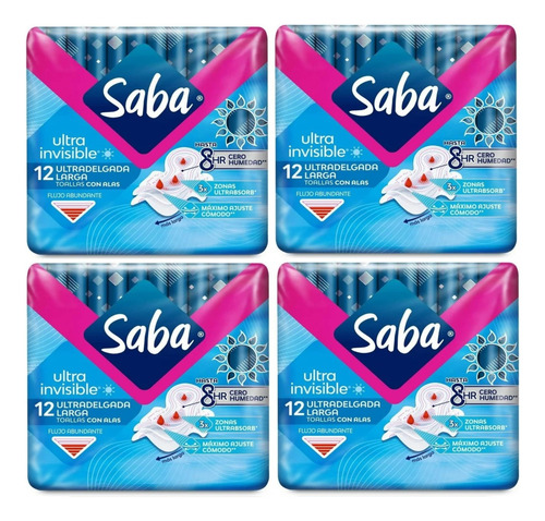 4 Toallas Femeninas Saba Ultra Invisible Ultradelgada 12 Pzs