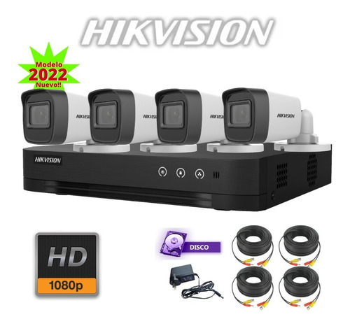 Imagen 1 de 9 de Kit 4 Camaras Seguridad Hikvision Dvr Fullhd + Disco + Cable