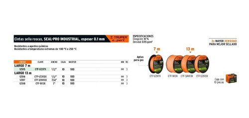 10 Cinta Sella Rosca Industrial 13mt Teflon 1/2 Truper 12516