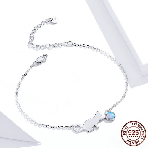 Imagen 3 de 3 de Pulsera Gato Ópalo Plata 925 Gatito Joya Mujer Juvenil