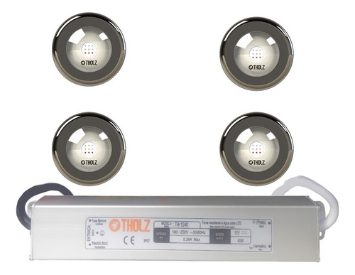 Kit Iluminação Piscina 4 Leds 6w Branco + Fonte 40w Tholz 90~240vca