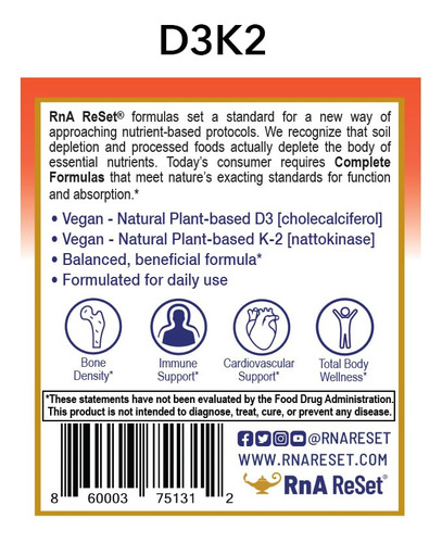 Rna Reset Suplemento Vitamina D3 4000 Ui Y K2 60 Cápsulas