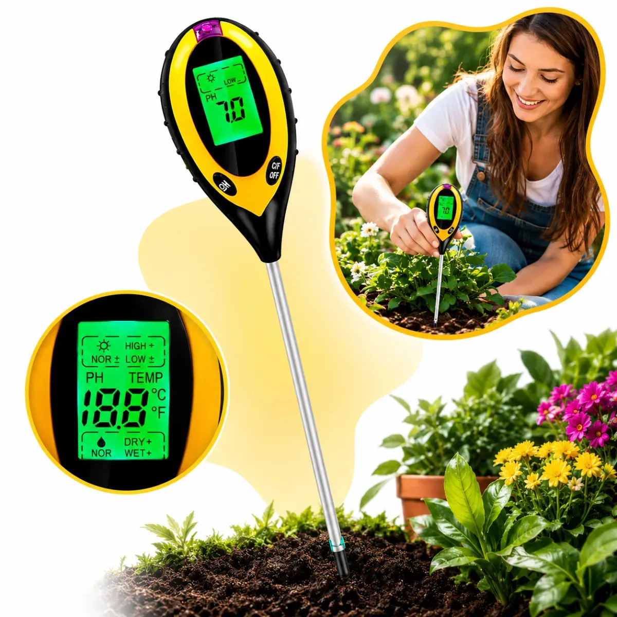 Medidor Digital de Solo 4 em 1 para Plantas e Jardim – Testador de pH, Umidade, Temperatura e Luz