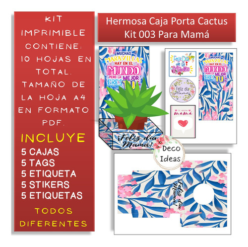 Kit Imprimible 03 Portamacetas Dia De La Madre Cactus + Tag