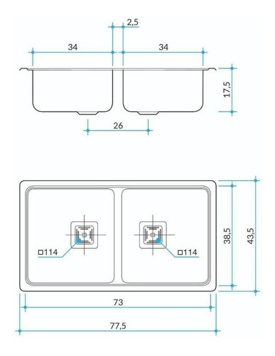 Imagen 2 de 3 de Pileta de cocina doble Johnson Acero Quadra Quadra Q76 A de acero inoxidable 304 pulido standard 43.5 cm x 77.5 cm x 17.5 cm