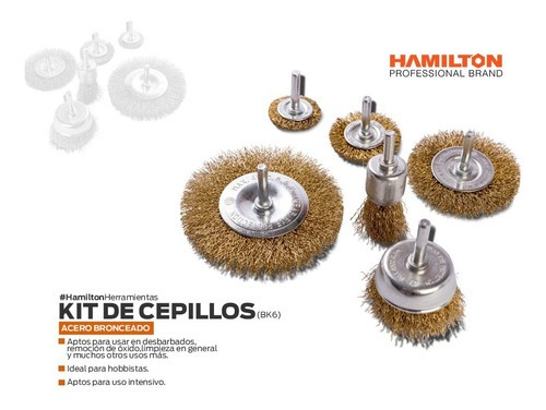 Imagen 2 de 7 de Set Cepillos Acero Para Taladro Hamilton 6 Pz Plano Copa Bk6