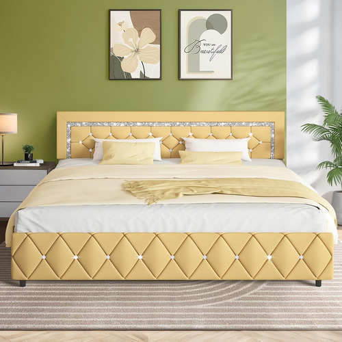 Base De Cama King Size Hombck C/cabecera Capitonada Amarillo