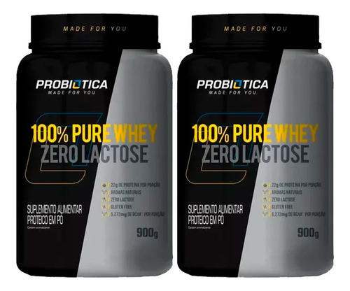 Kit 2x Whey Protein Zero Lactose 100% Pure 900g Probiotica Sabor Baunilha