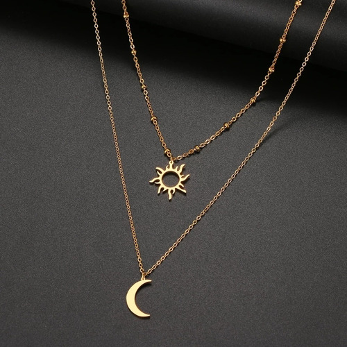 Imagen 8 de 9 de Collar Multicapa Doble Dije Sol Y Luna Acero Baño De Oro