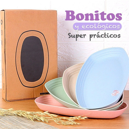 Imagen 3 de 10 de Set 4 Platos Rectangular Fibra De Trigo Ecologicos Mx-020