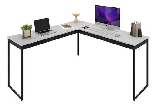 Mesa De Canto Em L Branco Com Ripas Preto Para Home Office/ Escritório Estrutura Em Ferro E Design Industrial