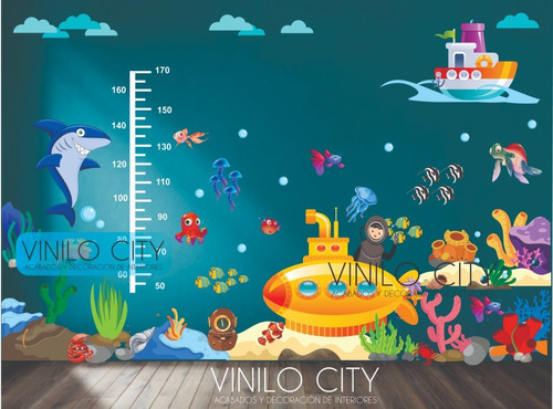 Vinil Decorativo Del Mar Con Tiburon Y Peces 3 Mts X 2 Mts