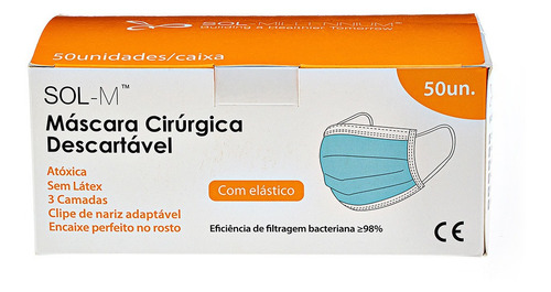 50 Máscaras Descartáveis Tripla Camada Com Clipe Nasal
