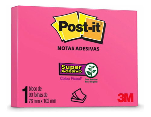 Bloco Notas Adesivas Post-it Rosa 76mm X 102mm 90 Folhas 3m