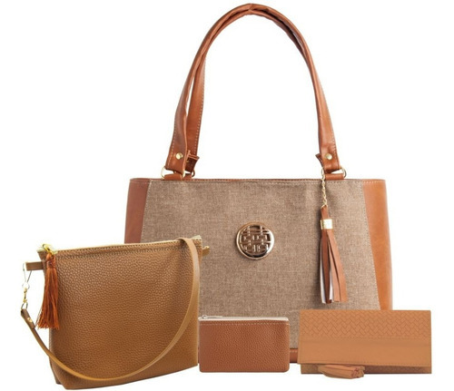 Juego 4 Piezas Bolso Cartera Cosmetiquera Y Monedero Set#21 Color Camel
