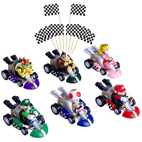 6 Piezas Mini Mario Kart Pull Back Cars Cake Topper Fig...