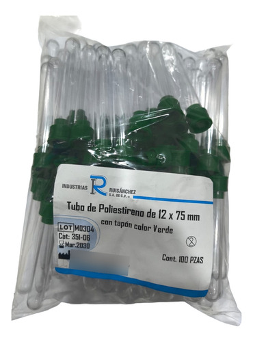 Tubo De Poliestireno De 12 X 75 Mm Con Tapón Color Verde