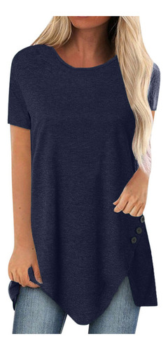 Blusa Irregular De Manga Corta Con Botones Para Mujer, Talla