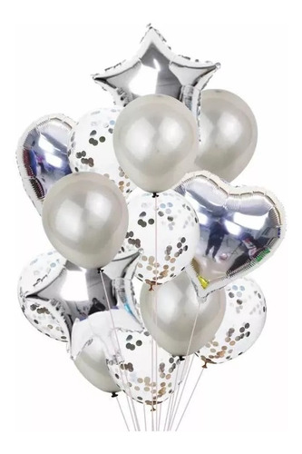 Set 14 Globos Estrella Corazon Metal Trans Confetti Plateado