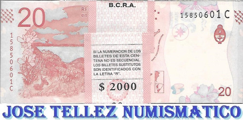 Fajo 100 Billetes $ 20 Guanaco Correlat Serie C Unc Palermo (Usado)