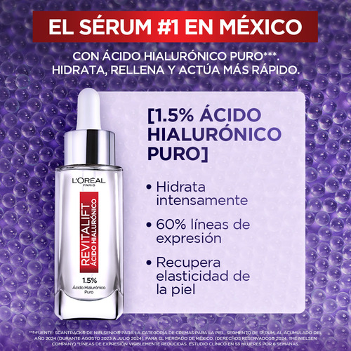 Sérum Rostro Revitalift Ácido Hialurónico De L'oréal Paris: Un Básico En Tu Rutina De Skin Care, Hidrata Intensamente Y Rellena Líneas De Expresión.
