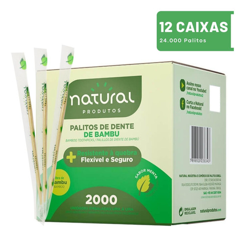 12cx Palito De Dente Bambu Sabor Menta Embalado Um A Um