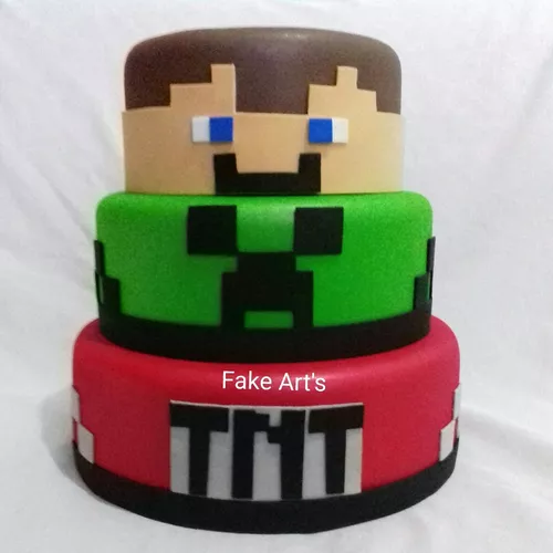 Bolo Fake Falso Para Festa No Tema Minecraft 10 em Promoção na