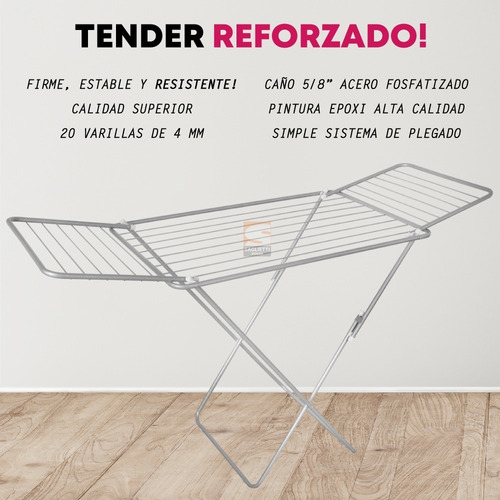 Imagen 3 de 8 de Tender Tendedero Reforzado Plegable Alas 8 Varillas Posta