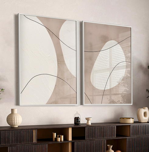 Quadros Decorativo Dupla Grande Com Moldura Abstrato Neutros