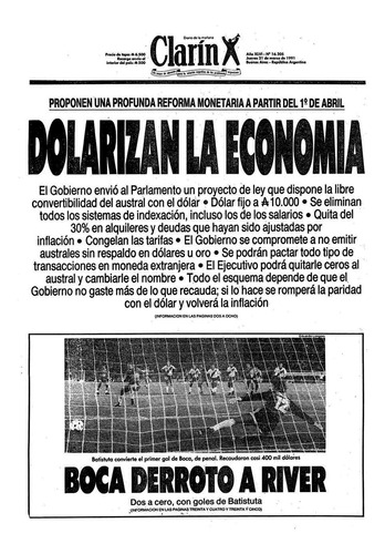 Tapa Diario Clarin 21/3/1991 Envío Reforma Dolarización