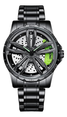 Reloj Rin Llanta De Auto Giratorio Negro Con Caliper Verde